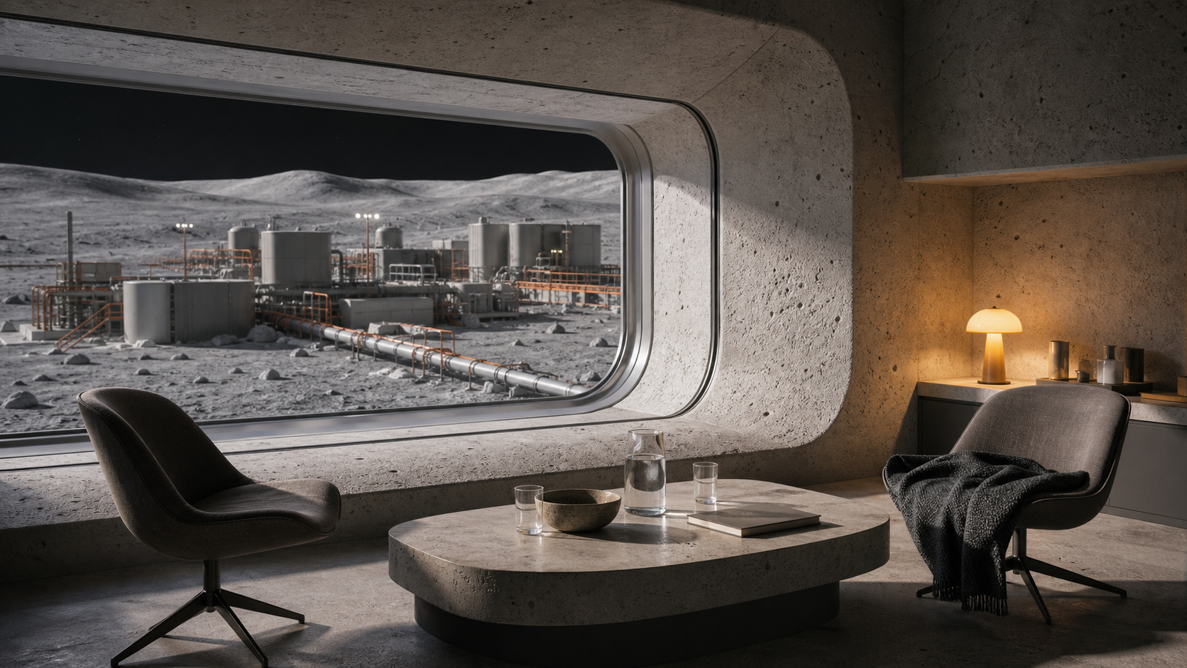 A lunar habitat interior made from mineral materials looking through a window to an operating resource facility.