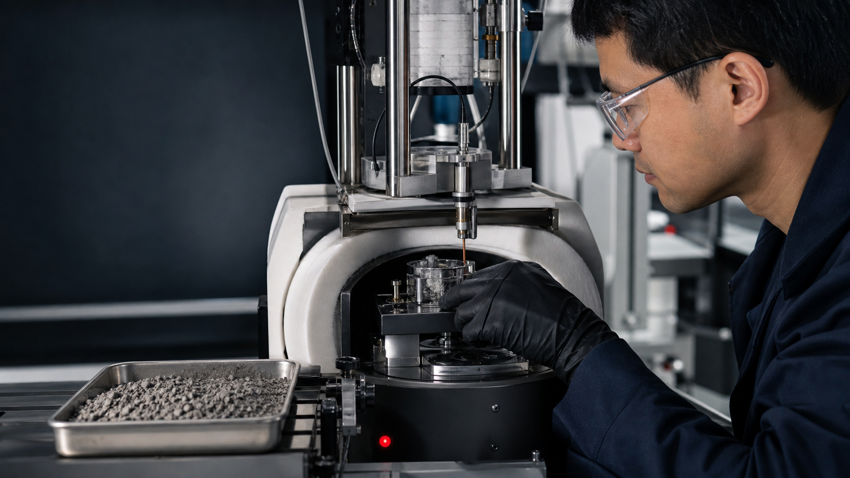 A materials scientist operating a regolith-testing apparatus.